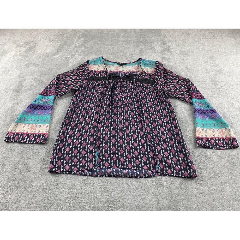 Monteau Los Angeles Womens Navy Pink Geometric Boho Peasant Blouse Medium